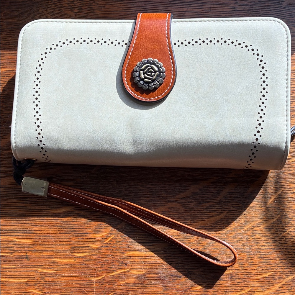 Click Chic Cream and Brown Clutch with Floral Accent